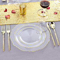 Liacere 150PCS Clear Gold Plastic Plates & Disposable Gold Plastic Silverware with Glitter Bamboo Handle Cutlery-Baroque Clear Gold Disposable Plates for Wedding & Party & Thanksgiving