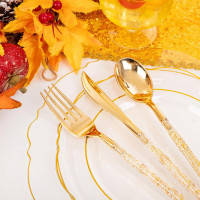 Liacere 150PCS Clear Gold Plastic Plates - Disposable Plastic Silverware with Glitter Bamboo Handle Cutlery-Baroque Clear Gold Disposable Plates for Wedding & Party & Thanksgiving &Fall Decor Gold Floral