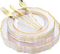 Liacere 150PCS Clear Gold Plastic Plates - Disposable Plastic Silverware with Glitter Bamboo Handle Cutlery-Baroque Clear Gold Disposable Plates for Wedding & Party & Easter Day & Mother's Day