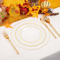Liacere 150PCS Clear Gold Plastic Plates - Disposable Plastic Silverware with Glitter Bamboo Handle Cutlery-Baroque Clear Gold Disposable Plates for Wedding & Party & Thanksgiving &Fall Decor Gold Floral