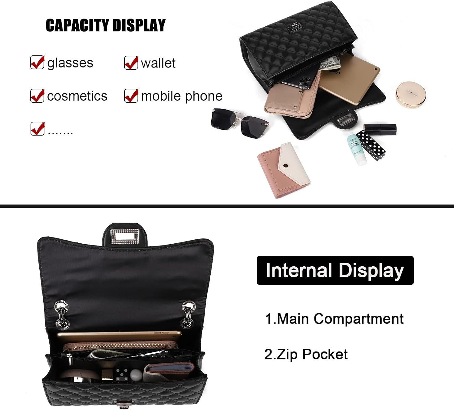 Gladdon Quilted Crossbody Purse for Women Trendy Ladies Shoulder Bag with Chain Designer Purses Black