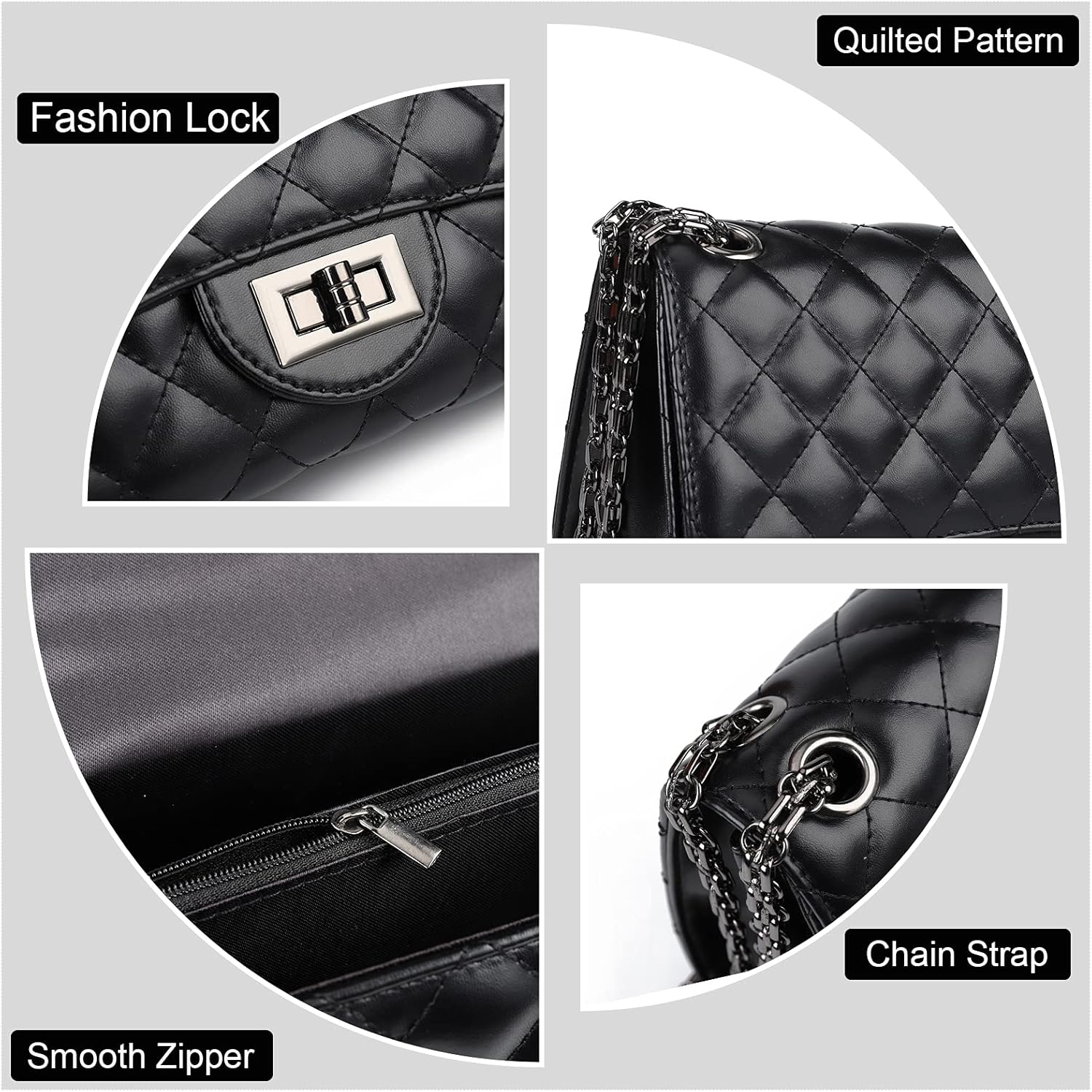Gladdon Quilted Crossbody Purse for Women Trendy Ladies Shoulder Bag with Chain Designer Purses Black