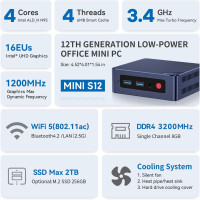 Beelink Mini S12 Mini PC, 12th Intel Alder Lake- N95 (4C/4T, up to 3.4GHz), 8GB DDR4 256GB M.2 SSD, Mini Desktop Computer Support 4K@60Hz Dual Display/WiFi 6/BT5.2/USB 3.2/2.5GB LAN for Home/Office N95 8G+256G