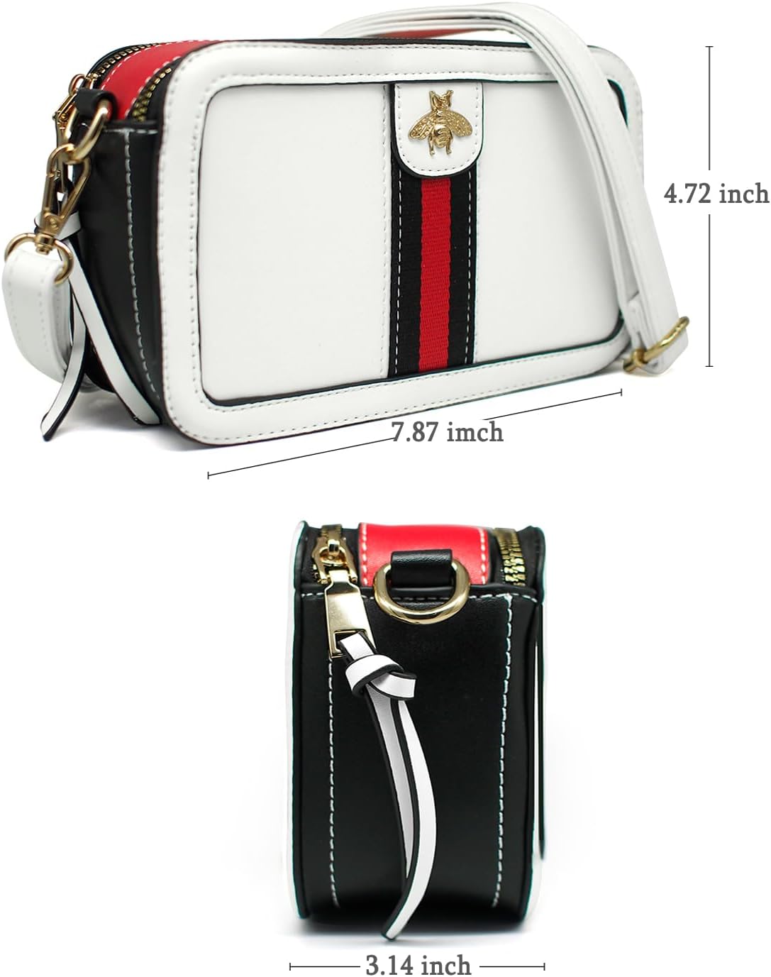 Beatfull Designer Bee Crossbody Purse for Women PU Leather Shoulder Handbag Camera Clucth White
