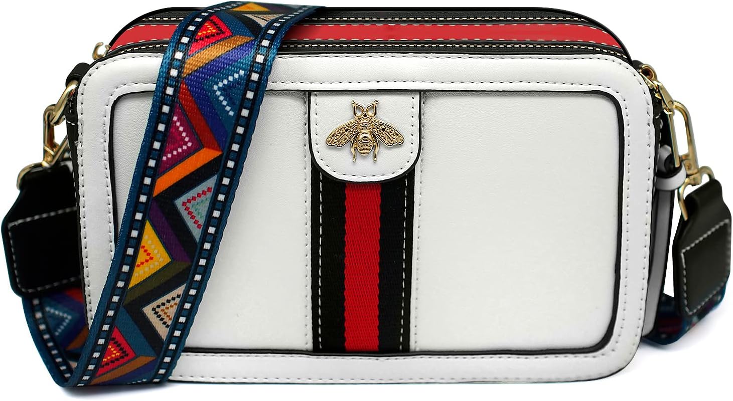 Beatfull Designer Bee Crossbody Purse for Women PU Leather Shoulder Handbag Camera Clucth White