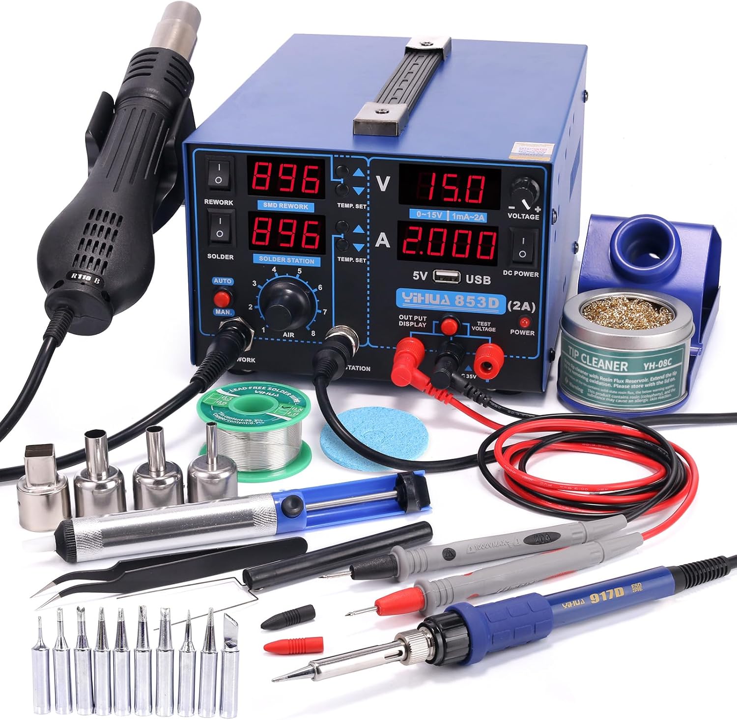 YIHUA 853D 2A USB SMD Hot Air Rework Soldering Iron Station, DC Power Supply 0-15V 0-2A with 5V USB Charging Port and 35 Volt DC Voltage Test Meter