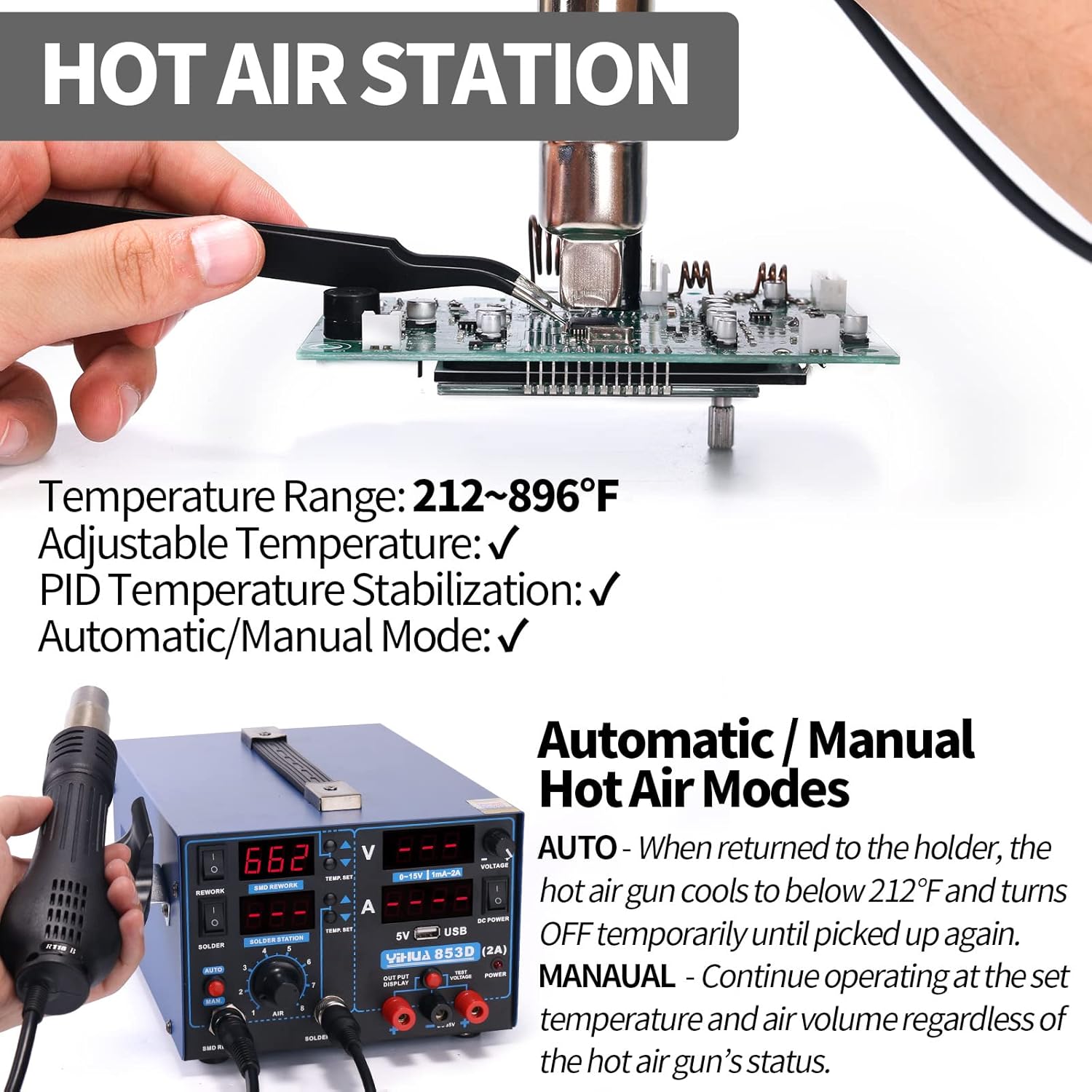 YIHUA 853D 2A USB SMD Hot Air Rework Soldering Iron Station, DC Power Supply 0-15V 0-2A with 5V USB Charging Port and 35 Volt DC Voltage Test Meter