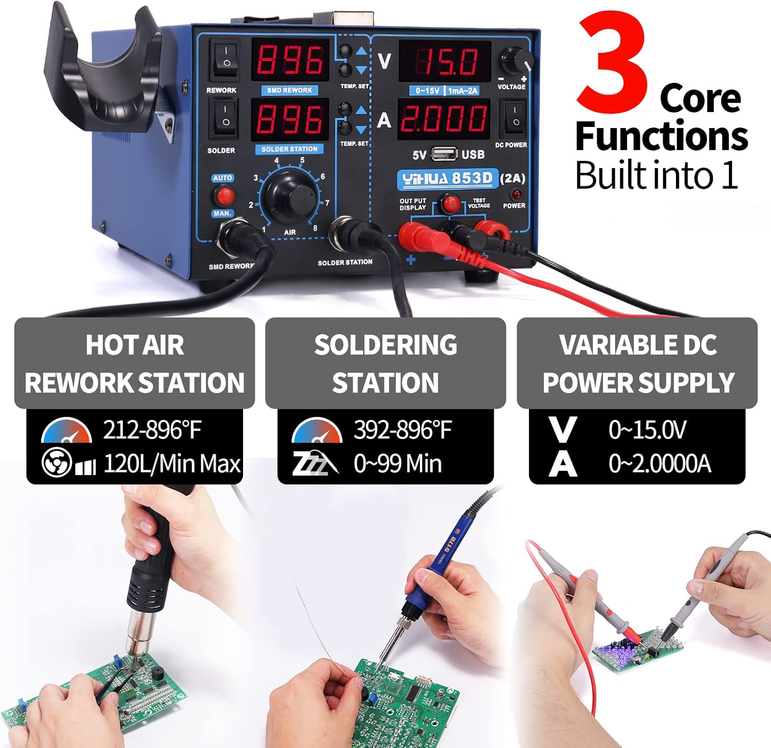 YIHUA 853D 2A USB SMD Hot Air Rework Soldering Iron Station, DC Power Supply 0-15V 0-2A with 5V USB Charging Port and 35 Volt DC Voltage Test Meter