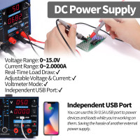 YIHUA 853D 2A USB SMD Hot Air Rework Soldering Iron Station, DC Power Supply 0-15V 0-2A with 5V USB Charging Port and 35 Volt DC Voltage Test Meter