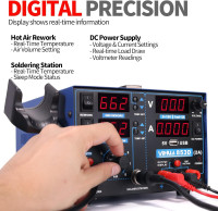 YIHUA 853D 2A USB SMD Hot Air Rework Soldering Iron Station, DC Power Supply 0-15V 0-2A with 5V USB Charging Port and 35 Volt DC Voltage Test Meter