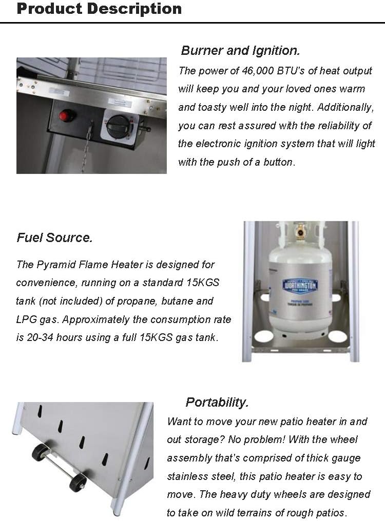 Avenlur Pyramid Propane Heater - 48,000 Btu, Portable, Outdoor & Patio Heater, Stainless Steel, With Wheels & Protective Cover