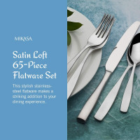 Mikasa, Satin Loft Flatware Service for 12, 65 Piece Set, 18/10 Stainless Steel, Silverware Set with Serving Utensils Satin Loft 65 Piece Set