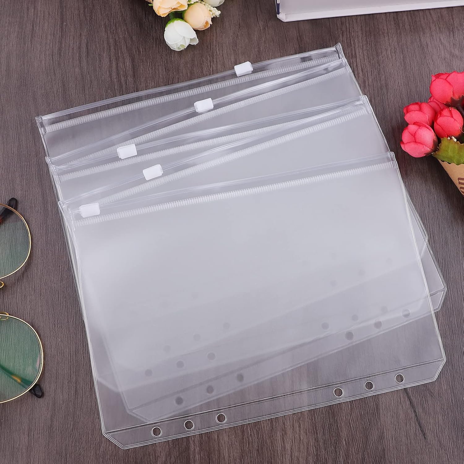 Antner 12PCS A5 Binder Pockets 6 Holes Budget Cash Envelopes for Budgeting, Clear Zipper Folders Planner Inserts Loose Leaf Bags Binder, Waterproof PVC Document Pouch Filing A5 Size
