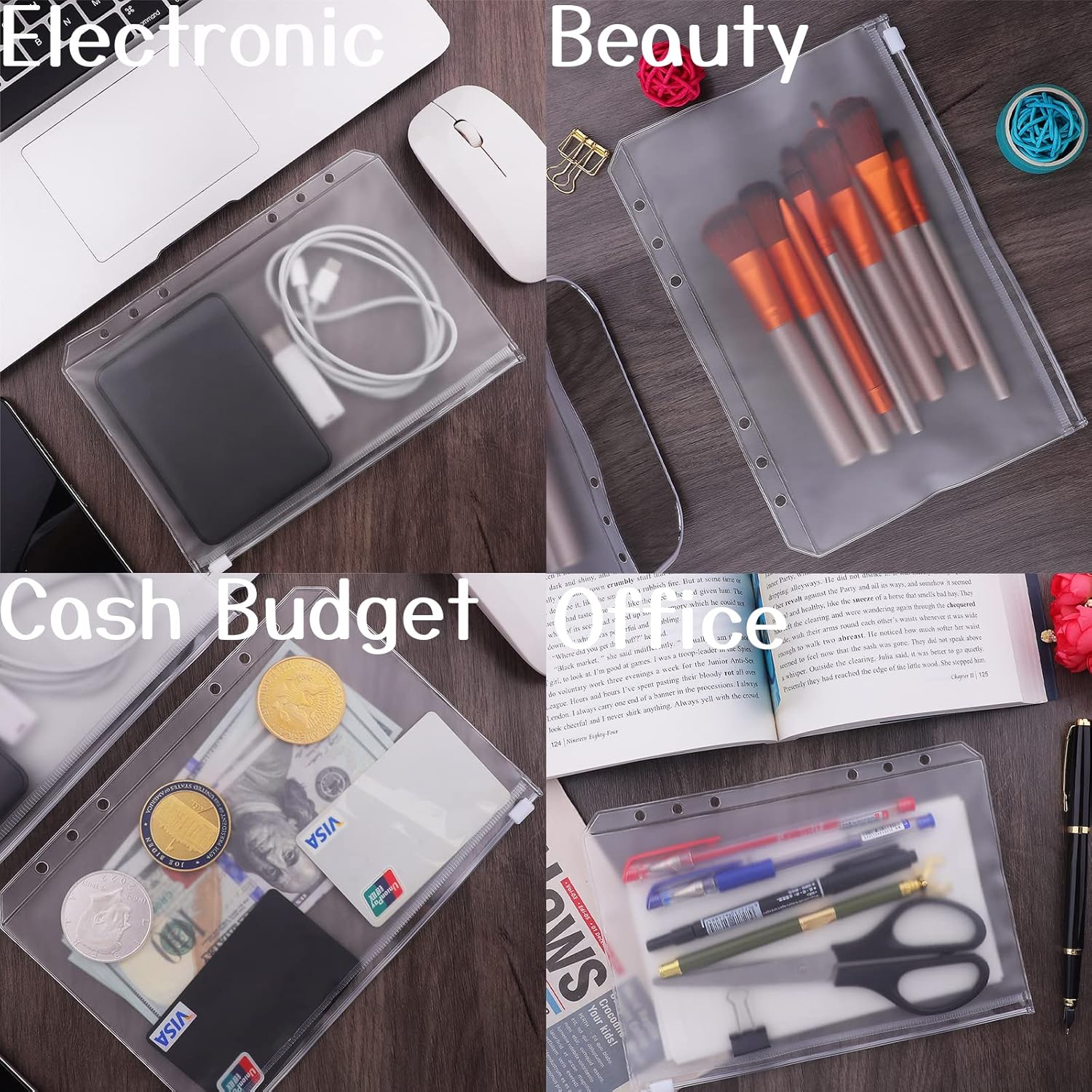Antner 12PCS A5 Binder Pockets 6 Holes Budget Cash Envelopes for Budgeting, Clear Zipper Folders Planner Inserts Loose Leaf Bags Binder, Waterproof PVC Document Pouch Filing A5 Size