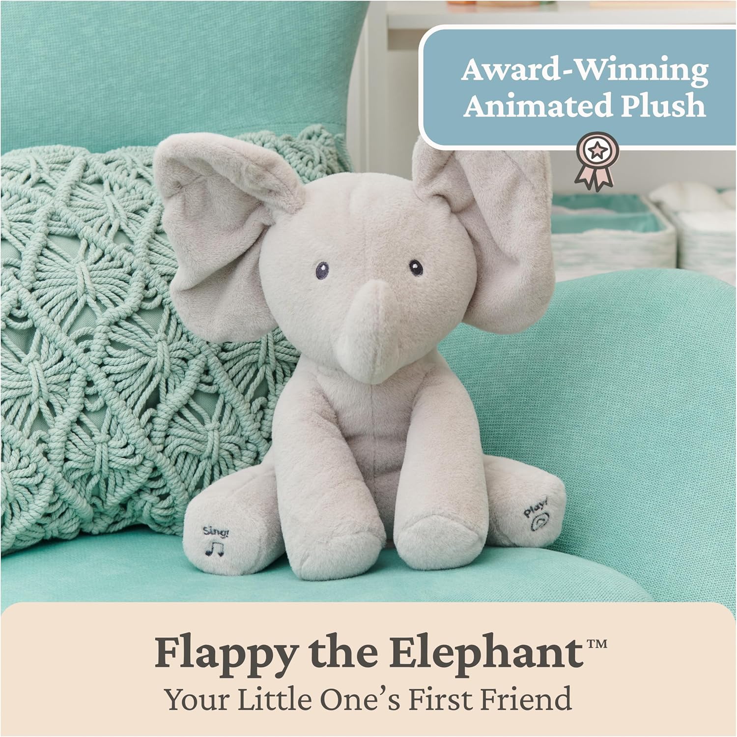 Animated Flappy The Elephant Plush, Singing Stuffed Animal Baby Toy for Ages 0 and Up, Gray, 12