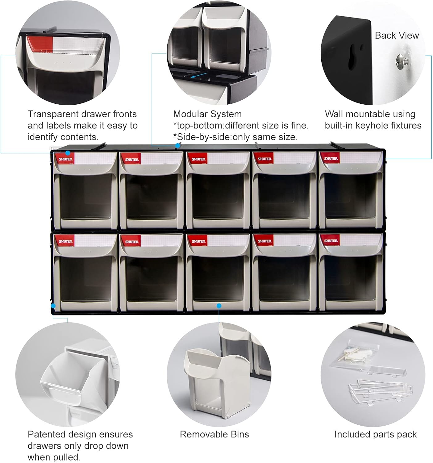 SHUTER Plastic Small Parts Organizer, Dental Tilt out Storage Container System, Tip Out bin for screws, nuts, small tools, Kits Included, Stackable Storage Bins with 5 Drawers, Black, FO-605-BK Black 5 drawers