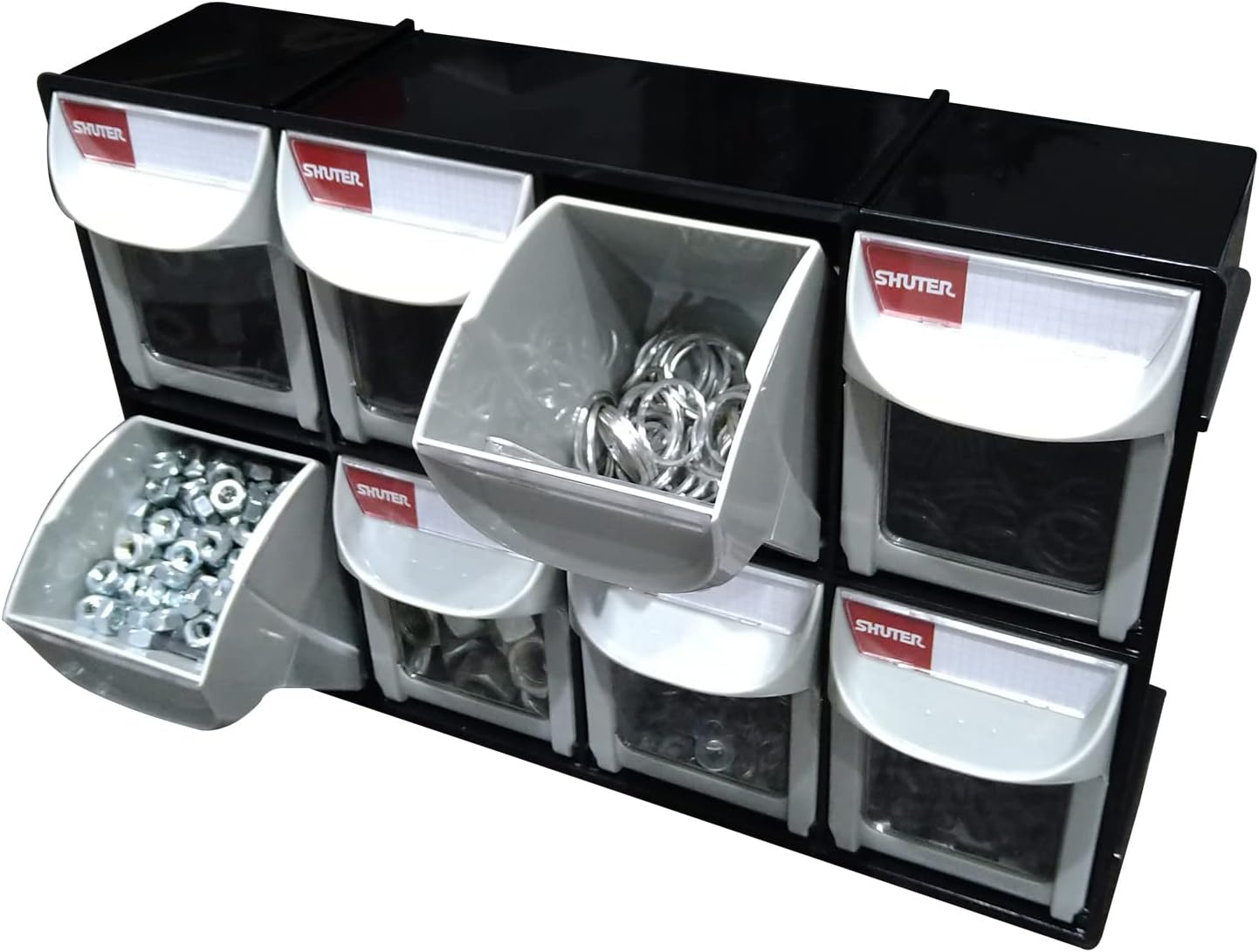 SHUTER Stackable Storage Drawers, 8 Compartment, Small Parts Tool Organizer, Tilt Out Craft Sewing Cabinet, Garage Storage, Warehouse Kits Included, Black, FO-308-BK