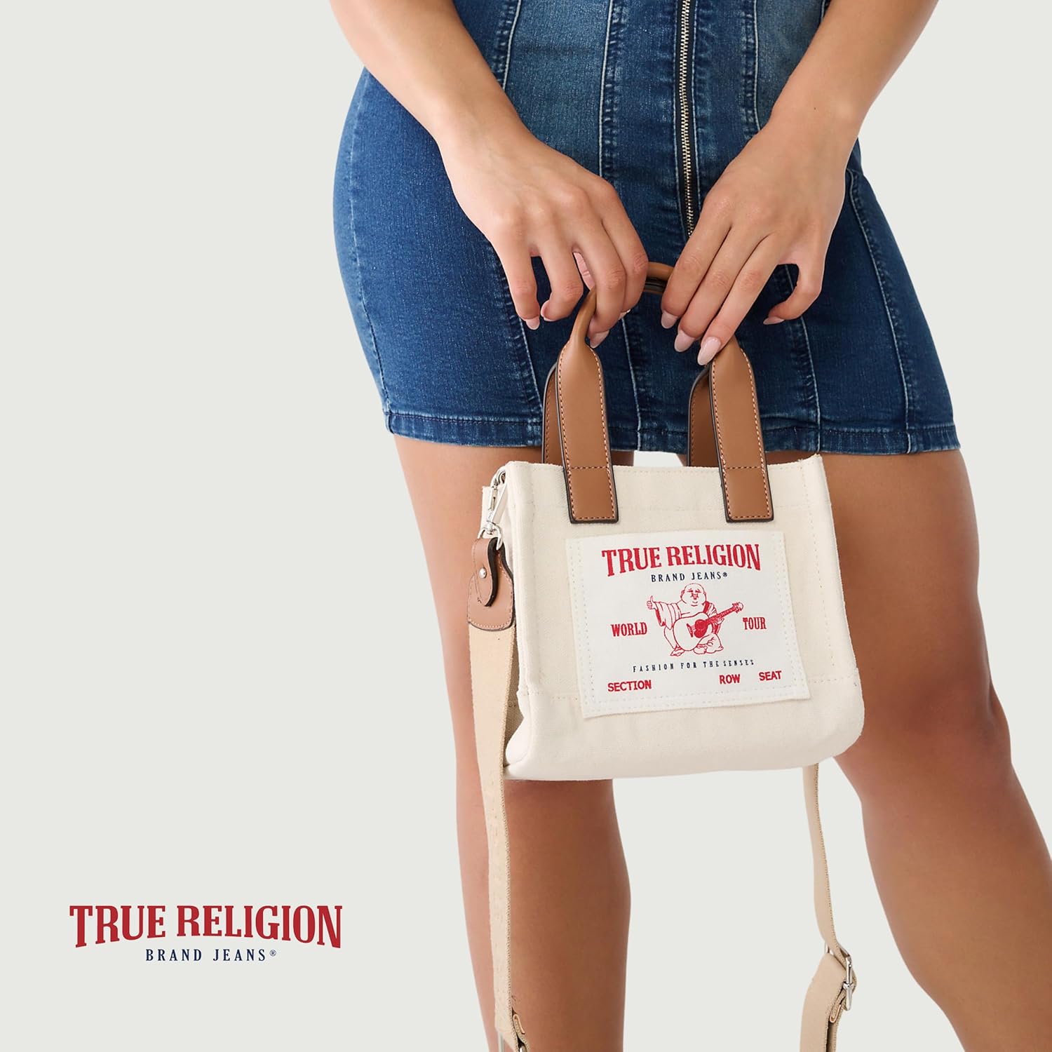True Religion Tote Bag, Women's Mini Travel Shoulder Bag with Adjustable Strap Natural
