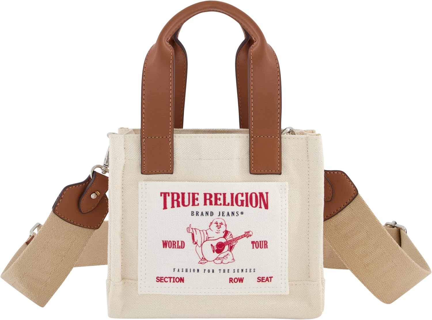 True Religion Tote Bag, Women's Mini Travel Shoulder Bag with Adjustable Strap Natural