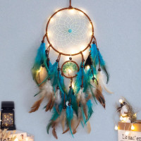Dream Catcher Blue Tree of Life with Feathers, Mobile LED Fairy Lights Handmade Indians Traditional Circular Net for Wall Hanging Decor, Bedroom Kids, Home Decoration Wedding Party Blessing Gift Light Tree