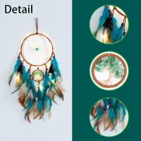 Dream Catcher Blue Tree of Life with Feathers, Mobile LED Fairy Lights Handmade Indians Traditional Circular Net for Wall Hanging Decor, Bedroom Kids, Home Decoration Wedding Party Blessing Gift Light Tree