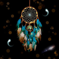 Dream Catcher Blue Tree of Life with Feathers, Mobile LED Fairy Lights Handmade Indians Traditional Circular Net for Wall Hanging Decor, Bedroom Kids, Home Decoration Wedding Party Blessing Gift Light Tree