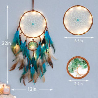 Dream Catcher Blue Tree of Life with Feathers, Mobile LED Fairy Lights Handmade Indians Traditional Circular Net for Wall Hanging Decor, Bedroom Kids, Home Decoration Wedding Party Blessing Gift Light Tree