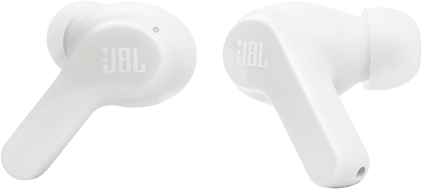 JBL Vibe Beam - True Wireless JBL Deep Bass Sound Earbuds, Bluetooth 5.2, Water & Dust Resistant, Hands-free call with VoiceAware, Up to 32 hours of battery life (White) White Earbuds
