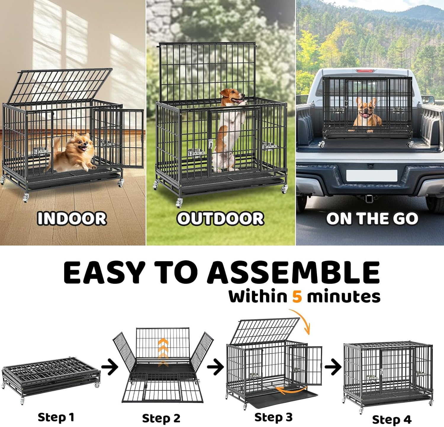 Homey Pet 37 inch Stackable Heavy Duty Dog Crate, Indestructible Escape Proof Dogs Cage Kennel with Lockable Wheels, Removable Tray & Metal Grid, Double Doors for High Anxiety Medium/Small Dogs 36.6