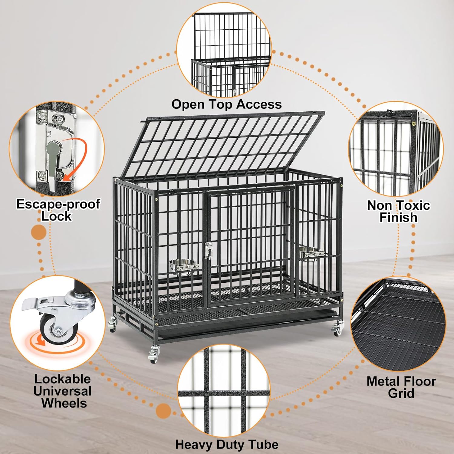 Homey Pet 37 inch Stackable Heavy Duty Dog Crate, Indestructible Escape Proof Dogs Cage Kennel with Lockable Wheels, Removable Tray & Metal Grid, Double Doors for High Anxiety Medium/Small Dogs 36.6