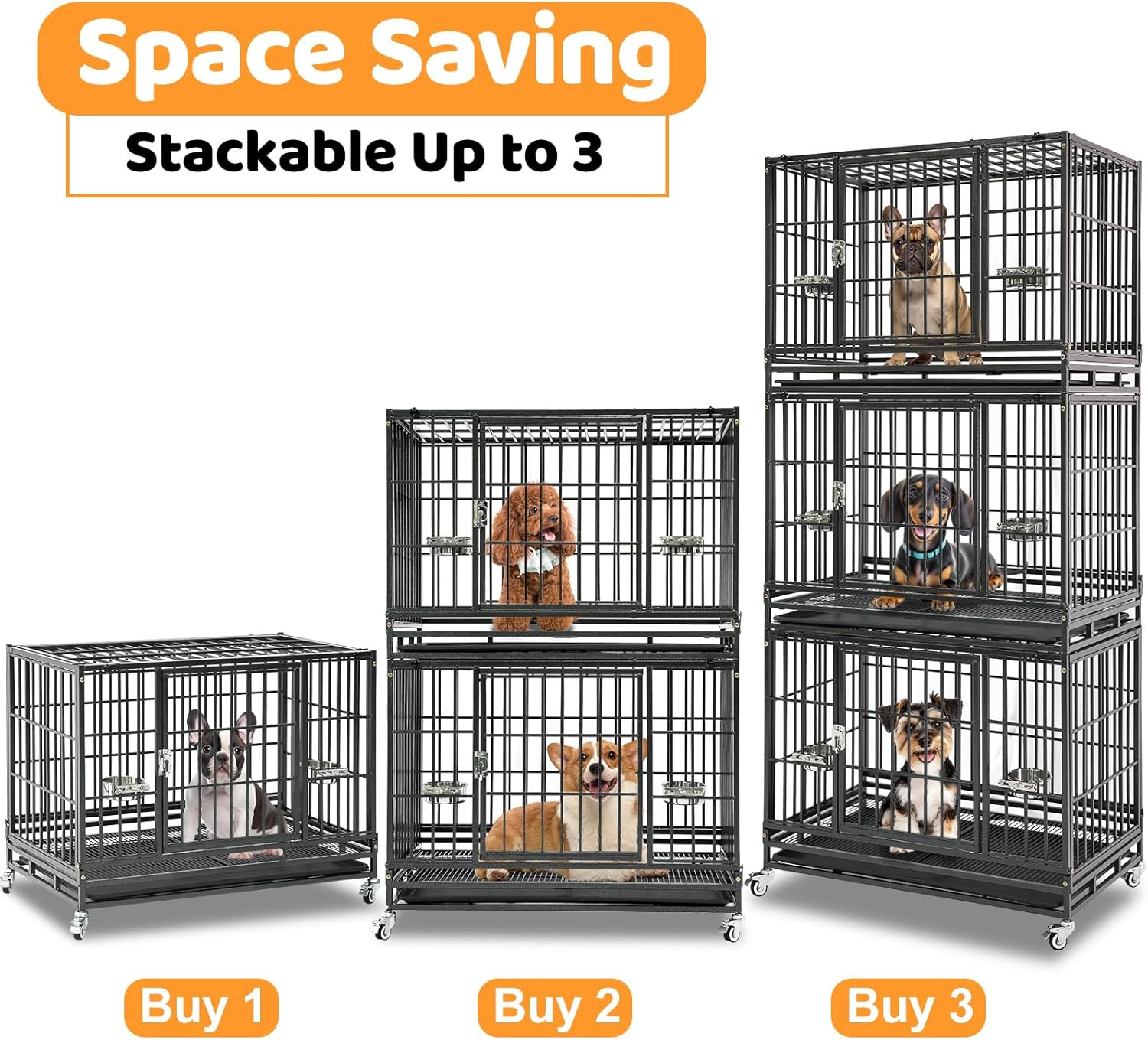 Homey Pet 37 inch Stackable Heavy Duty Dog Crate, Indestructible Escape Proof Dogs Cage Kennel with Lockable Wheels, Removable Tray & Metal Grid, Double Doors for High Anxiety Medium/Small Dogs 36.6