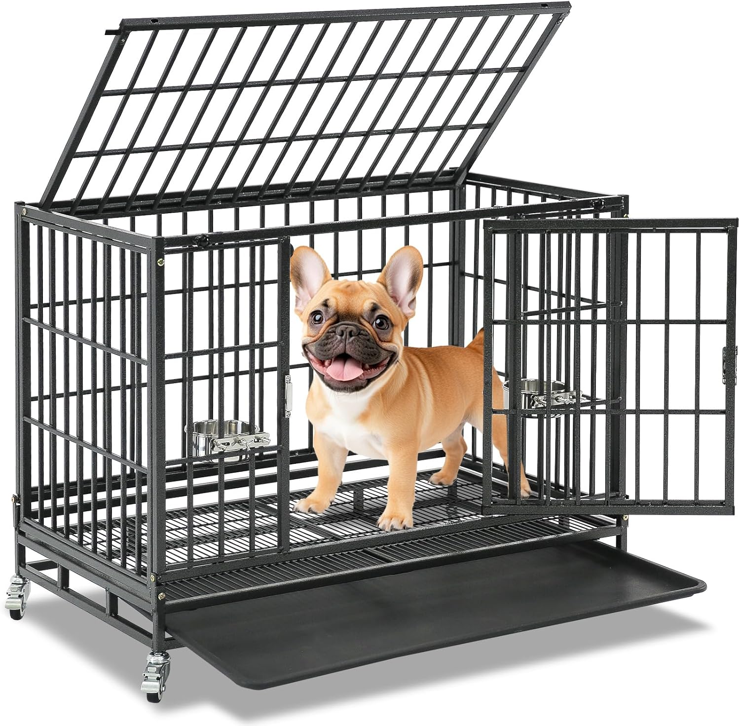 Homey Pet 37 inch Stackable Heavy Duty Dog Crate, Indestructible Escape Proof Dogs Cage Kennel with Lockable Wheels, Removable Tray & Metal Grid, Double Doors for High Anxiety Medium/Small Dogs 36.6