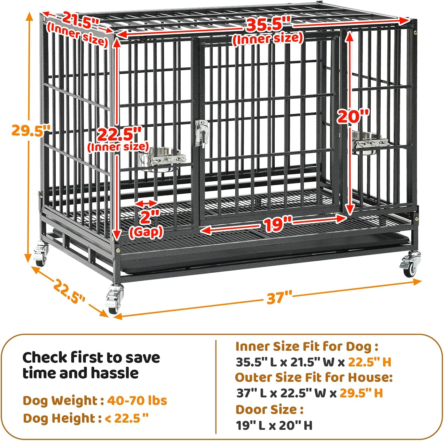 Homey Pet 37 inch Stackable Heavy Duty Dog Crate, Indestructible Escape Proof Dogs Cage Kennel with Lockable Wheels, Removable Tray & Metal Grid, Double Doors for High Anxiety Medium/Small Dogs 36.6