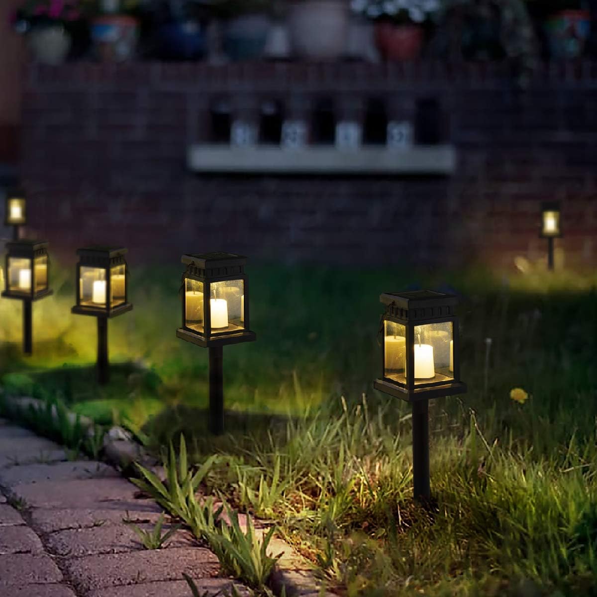 GIGALUMI 8 Pack Solar Hanging Lantern Outdoor, Candle Effect Light with Stakes for Garden, Patio, Lawn, Deck, Umbrella, Tent, Tree, Yard, Driveway-Warm White 8 Pack Constant Lights