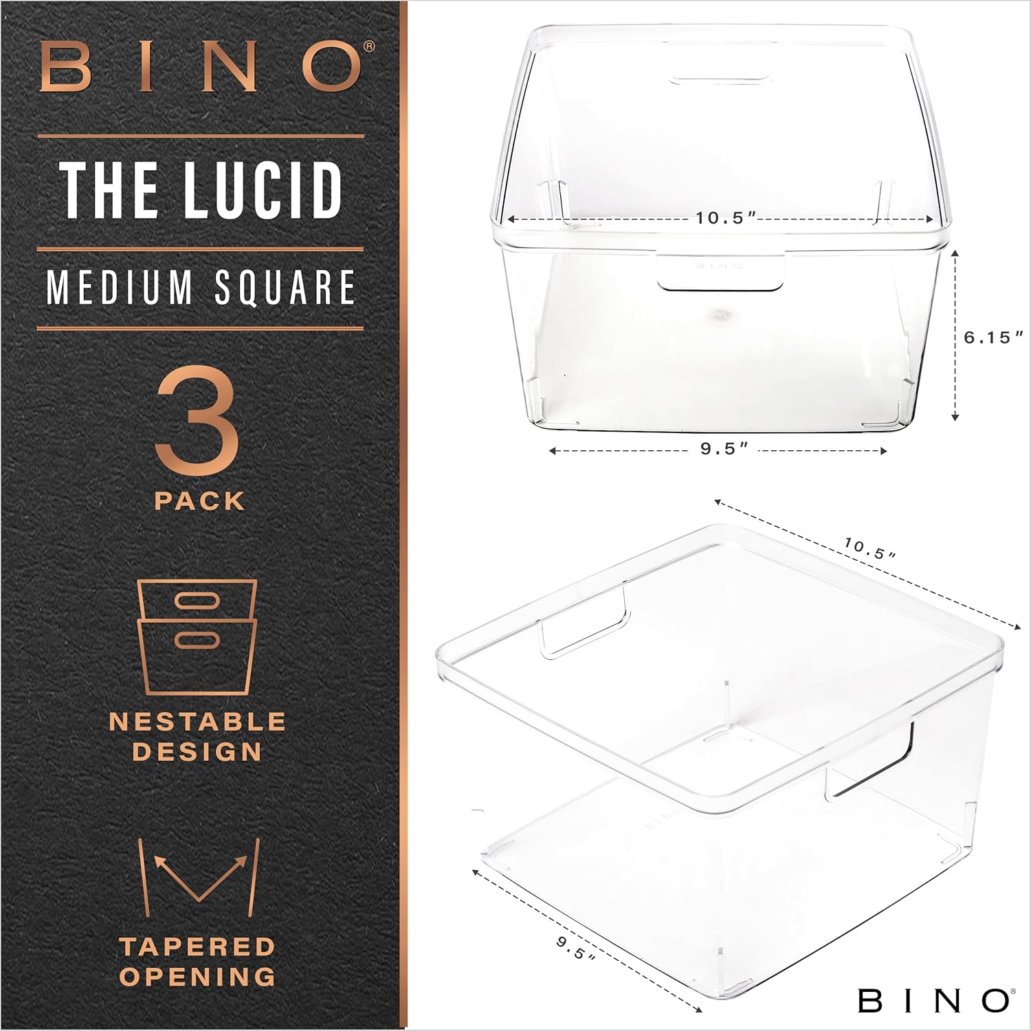 BINO | Plastic Storage Bins, Square - 3 Pack | THE LUCID COLLECTION | Multi-Use Bins | Built-In Handles | BPA-Free | Clear Containers | Fridge Organizer | Pantry & Home Organization 3PK - SQUARE