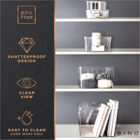 BINO | Plastic Storage Bins, Square - 3 Pack | THE LUCID COLLECTION | Multi-Use Bins | Built-In Handles | BPA-Free | Clear Containers | Fridge Organizer | Pantry & Home Organization 3PK - SQUARE