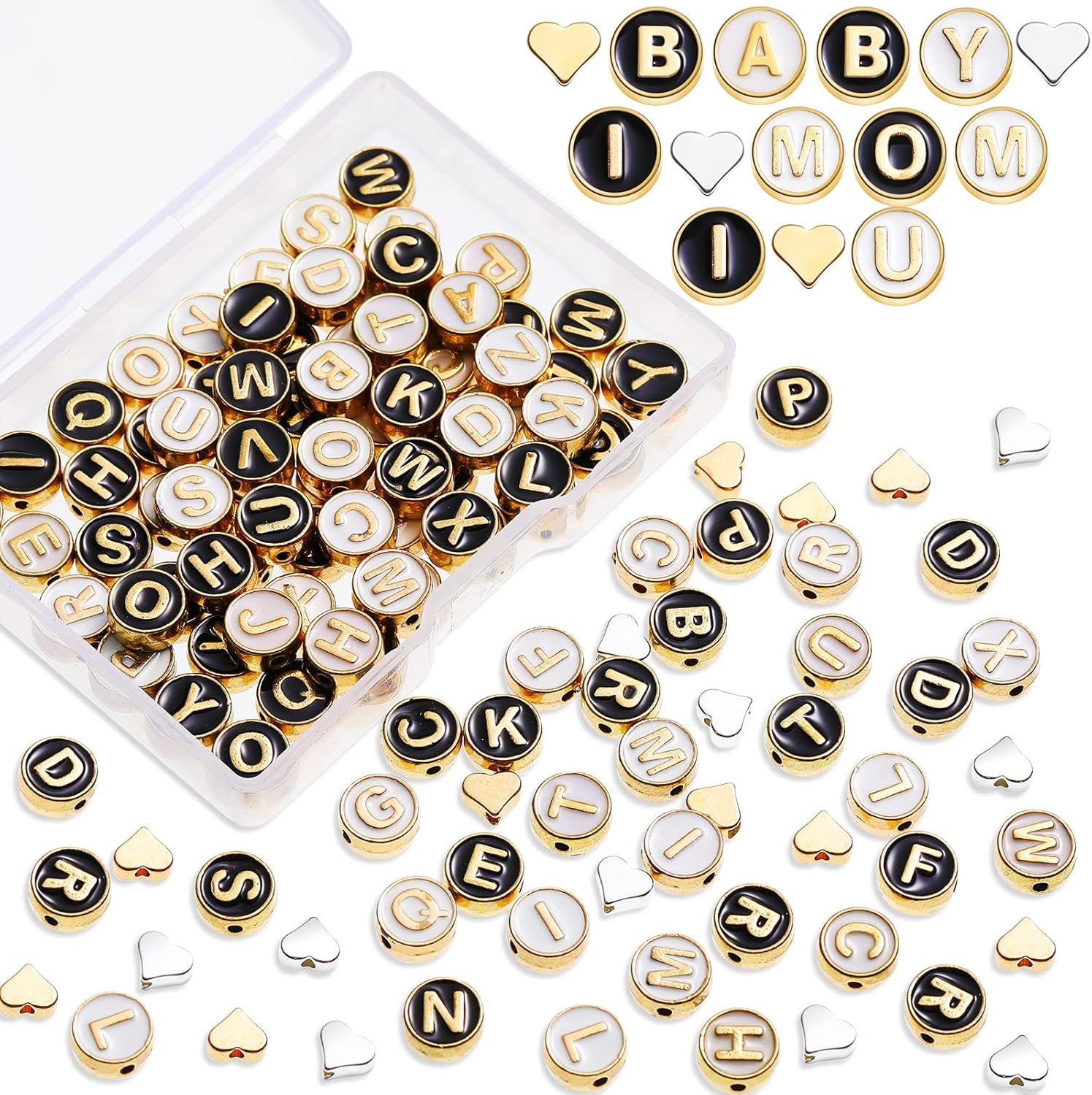 Sureio 114 Pcs Alloy Alphabet Letter Beads 8 mm Flat Round with Letter A-Z Plated Metal Initial Loose Spacer Beads for DIY Bracelet Necklace Earring Jewelry Craft Making(Black, Gold)