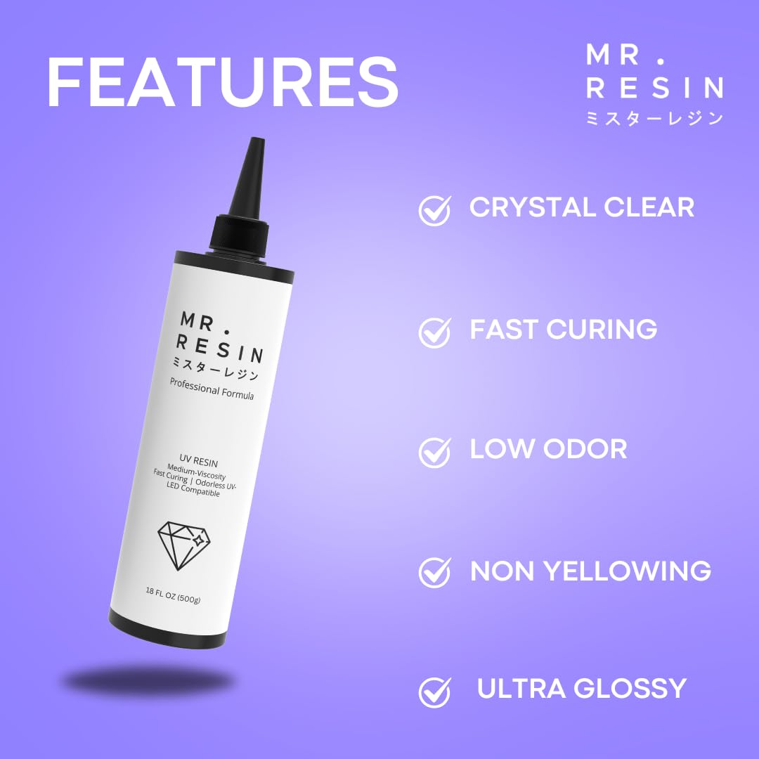 MR. RESIN UV Resin Crystal Clear UV Epoxy Resin for Crafts, Jewelry Making, Keychains, Molds, Doming, Rock Painting - Fast Curing with UV Lamp, LED, and Sunlight 500 Grams Original