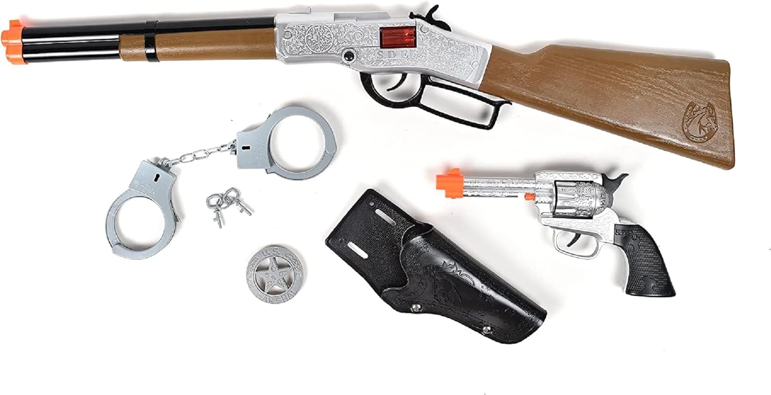 Wild West Cap Play Gun Toy Blaster Play Set – 6 Piece Western Toys for Kids | Cowboy Sheriff Cap Blaster with Handcuffs | Ring Caps Sold Separately - Maxx Action