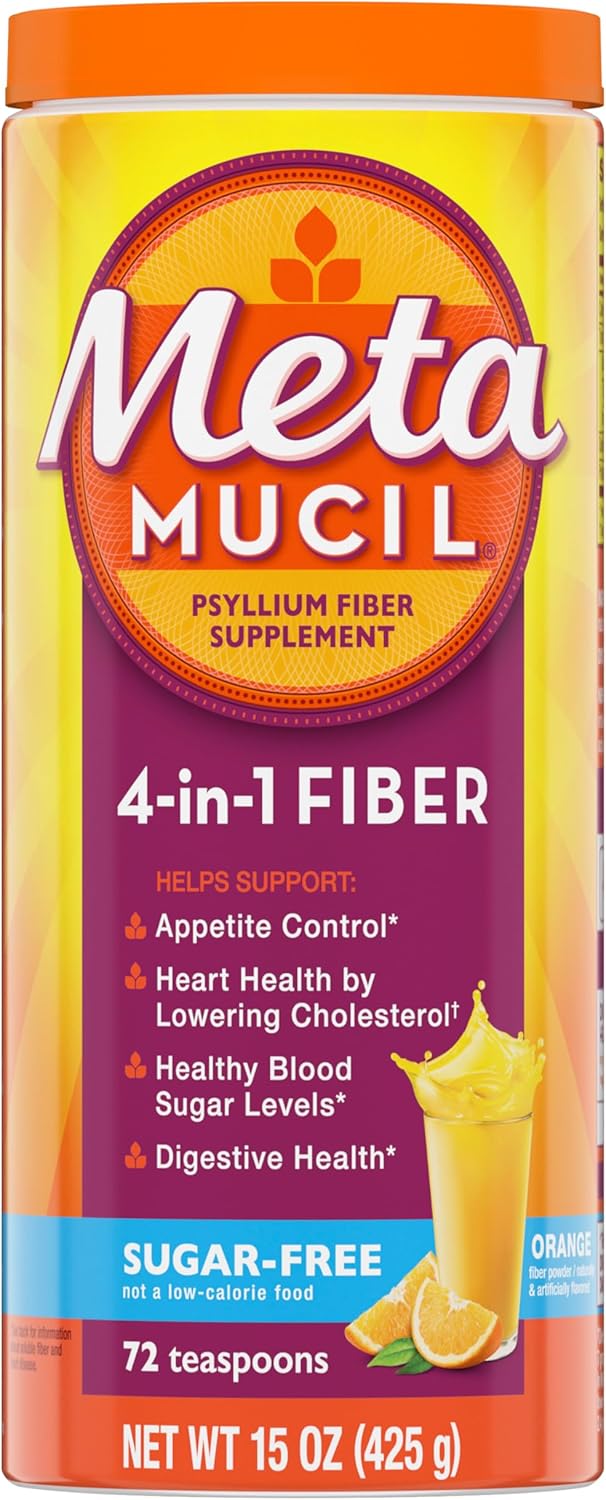 Metamucil 4 in 1 Daily Fiber Supplement Powder, Fiber Powder for Digestive Health and Regularity*, Sugar-Free, Orange, Naturally Sourced Psyllium Fiber, 72 teaspoons