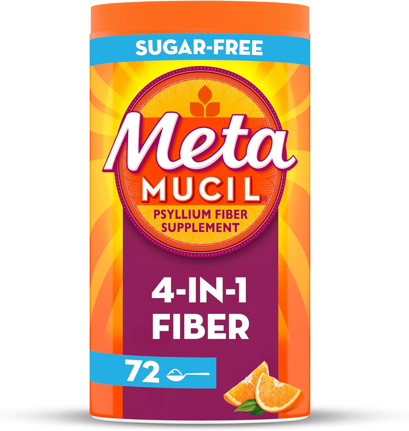 Metamucil 4 in 1 Daily Fiber Supplement Powder, Fiber Powder for Digestive Health and Regularity*, Sugar-Free, Orange, Naturally Sourced Psyllium Fiber, 72 teaspoons