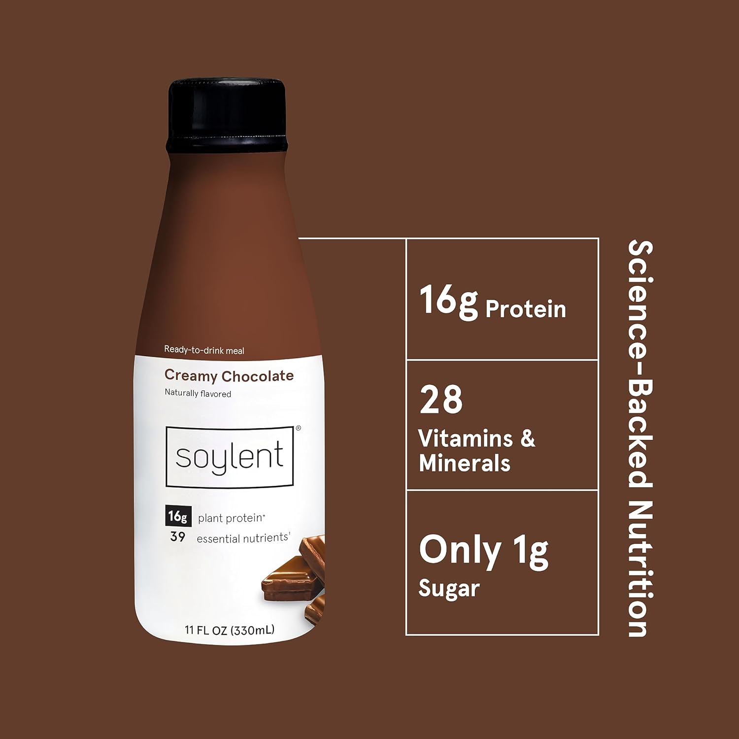 Soylent Chocolate Meal Replacement Shake, Contains 16g Complete Vegan Protein, Ready-to-Drink, 11oz, 12 Pack Chocolate 11 Fl Oz (Pack of 12)