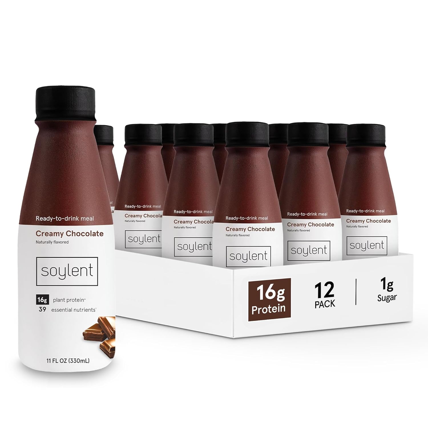 Soylent Chocolate Meal Replacement Shake, Contains 16g Complete Vegan Protein, Ready-to-Drink, 11oz, 12 Pack Chocolate 11 Fl Oz (Pack of 12)