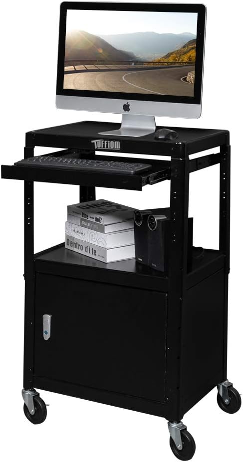 TUFFIOM AV Presentation Cart for Video Projector, Laptop Computer, Mobile Workstation Utility Media Cart for School Classroom Office, Rolling Storage Stand with Locking Cabinet Keyboard Shelf AV Cart with Locking Cabinet