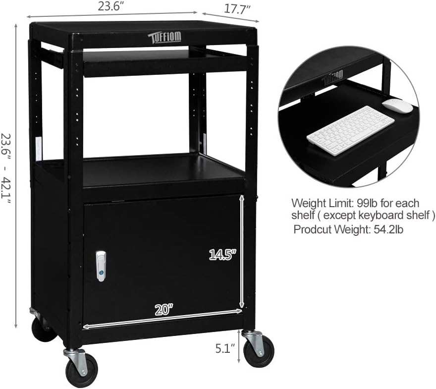 TUFFIOM AV Presentation Cart for Video Projector, Laptop Computer, Mobile Workstation Utility Media Cart for School Classroom Office, Rolling Storage Stand with Locking Cabinet Keyboard Shelf AV Cart with Locking Cabinet