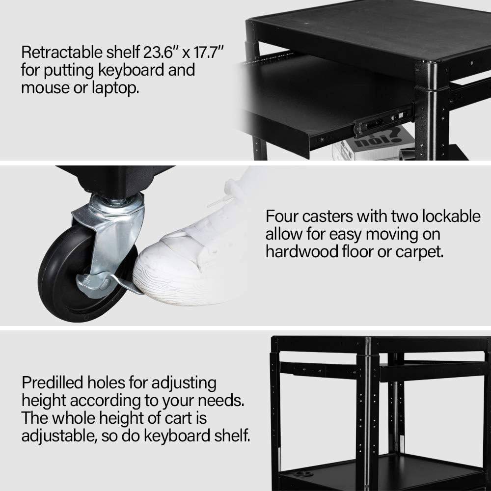 TUFFIOM AV Presentation Cart for Video Projector, Laptop Computer, Mobile Workstation Utility Media Cart for School Classroom Office, Rolling Storage Stand with Locking Cabinet Keyboard Shelf AV Cart with Locking Cabinet