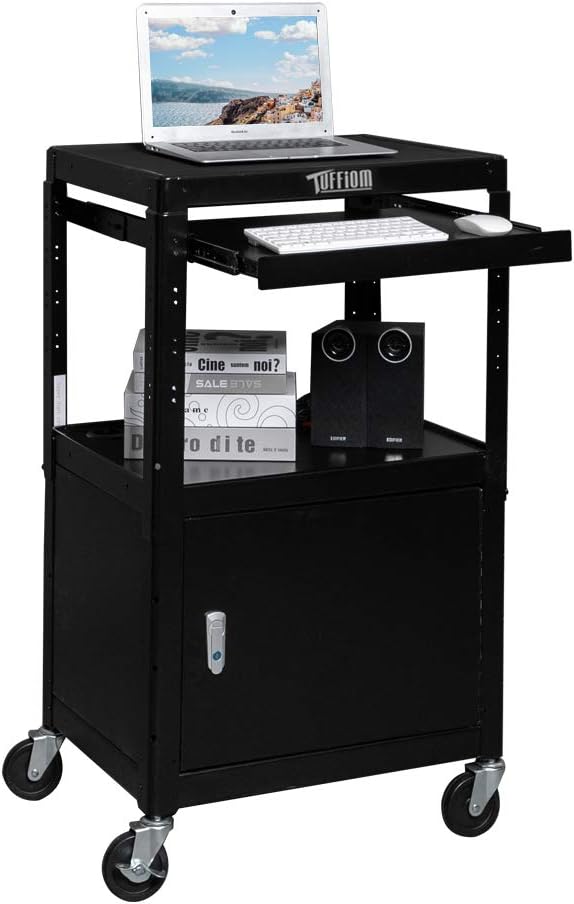 TUFFIOM AV Presentation Cart for Video Projector, Laptop Computer, Mobile Workstation Utility Media Cart for School Classroom Office, Rolling Storage Stand with Locking Cabinet Keyboard Shelf AV Cart with Locking Cabinet