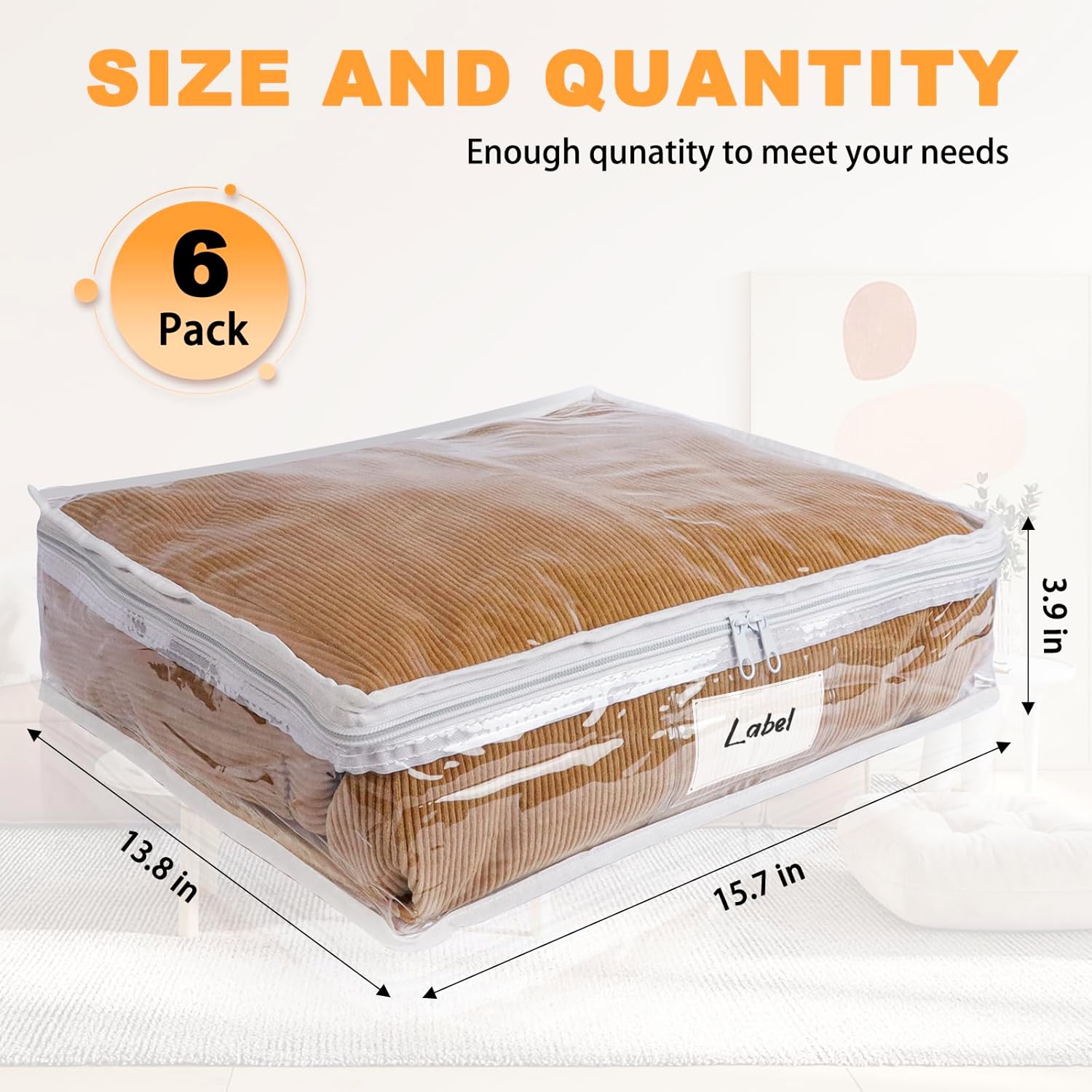 Clear Zippered Storage Bags Plastic Sweater Storage Bags with Zipper 6 Packs Clothing Organizer for Blankets Linen Sweater Bed Sheet Quilt Clothes Pillow (15.7 x 13.8 x 3.9 Inch) White 15.7 x 13.8 x 3.9 Inch