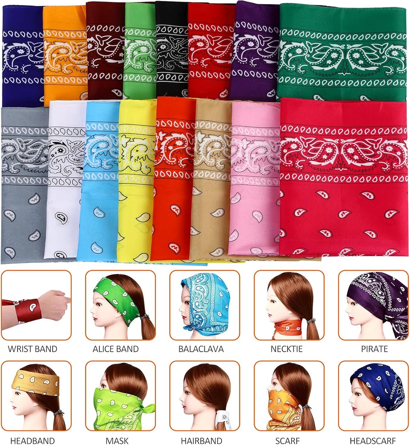 16pcs Bandanas Multi-Purpose Party Outdoor Favor Scarf Headband Handkerchiefs for Unisex Women Men Boy Girls