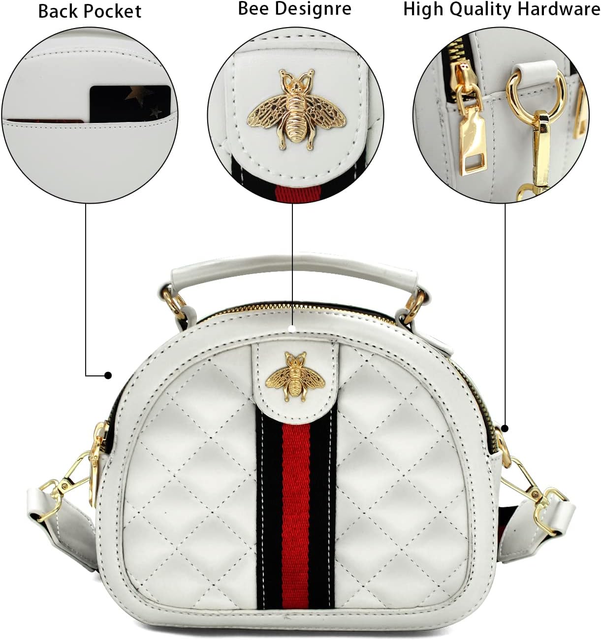 Beatfull Designer Bee Crossbody Bags for Women Leather Quilted Shoulder Purse Small Top Handle Handbag White